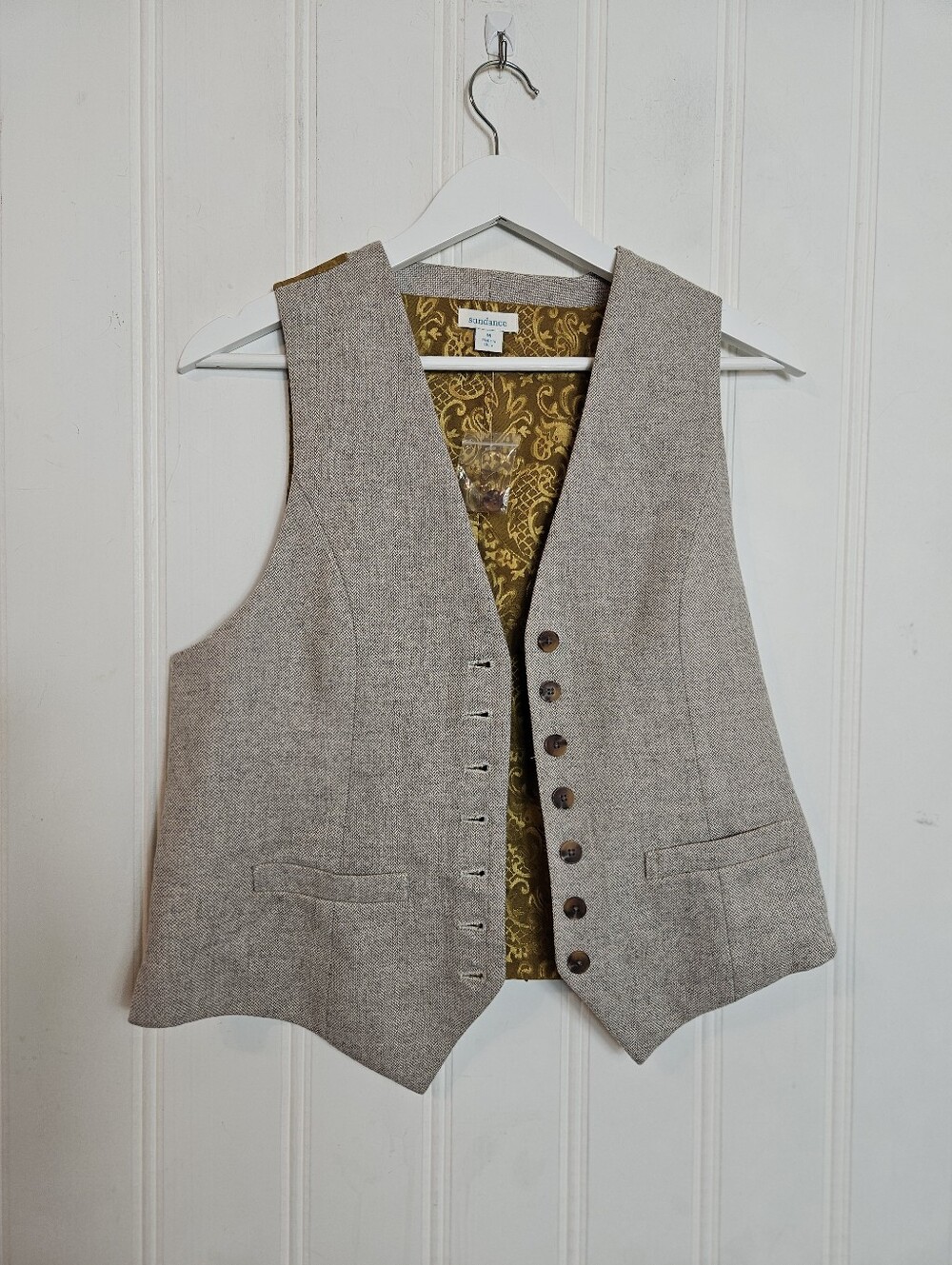 Sundance Vest M Wool Tweed Herringbone Paisley Brocade Boho Academia Beige Brown - Picture 4 of 10